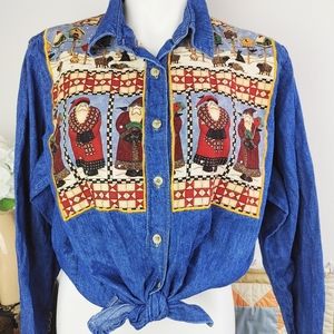 🎄LAST CHANCE🎄 Vintage 90s Country Christmas Santa Claus Denim Button Down
